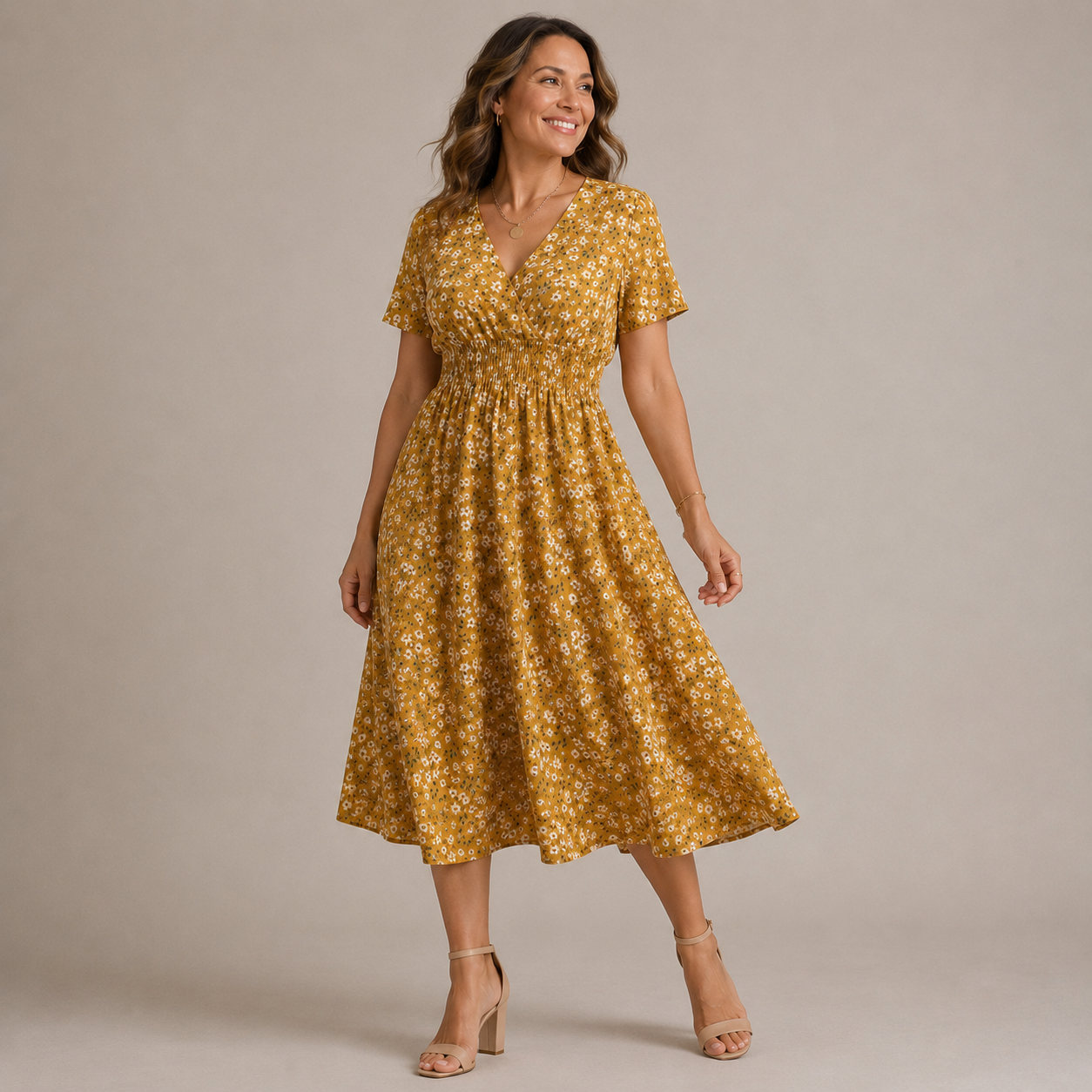 Damska sukienka midi w grochy z marszczeniem-Midi Dress-Olave