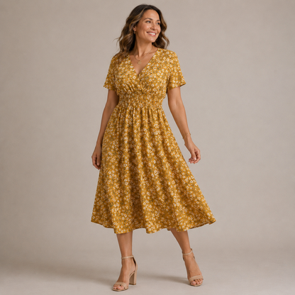 Damska sukienka midi w grochy z marszczeniem-Midi Dress-Olave