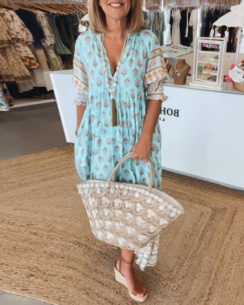 Damska sukienka midi w kwiaty z dekoltem w serek-Midi Dress-Olave