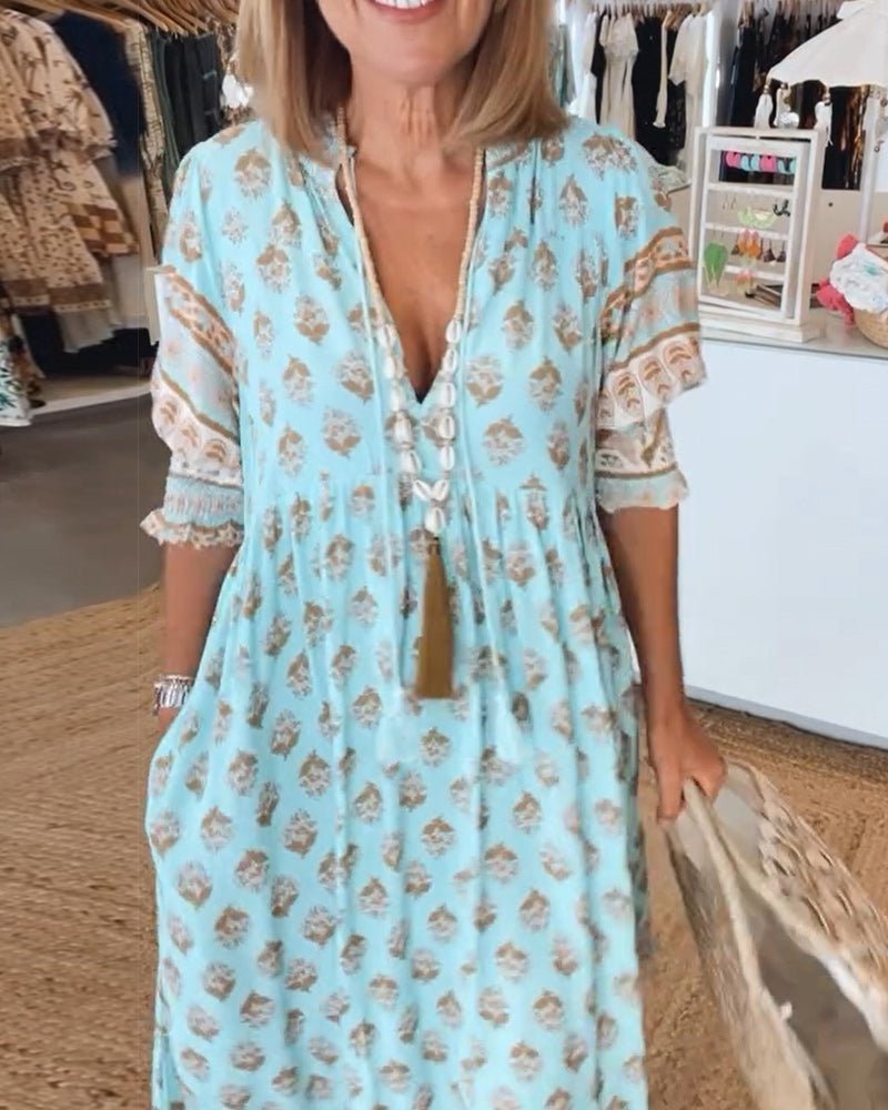 Damska sukienka midi w kwiaty z dekoltem w serek-Midi Dress-Olave