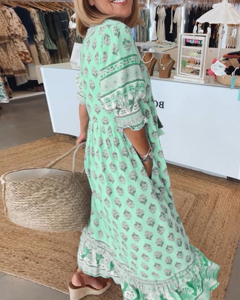 Damska sukienka midi w kwiaty z dekoltem w serek-Midi Dress-Olave