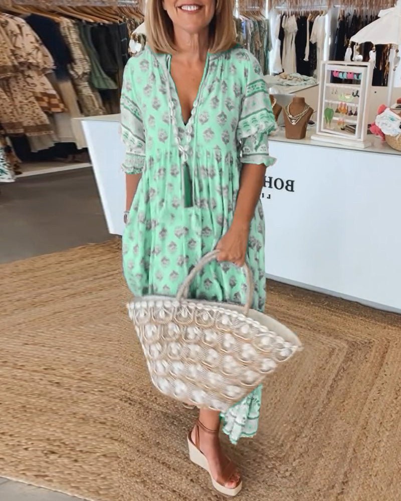 Damska sukienka midi w kwiaty z dekoltem w serek-Midi Dress-Olave