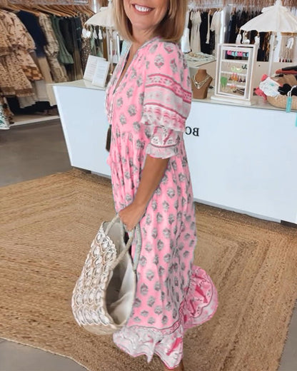 Damska sukienka midi w kwiaty z dekoltem w serek-Midi Dress-Olave