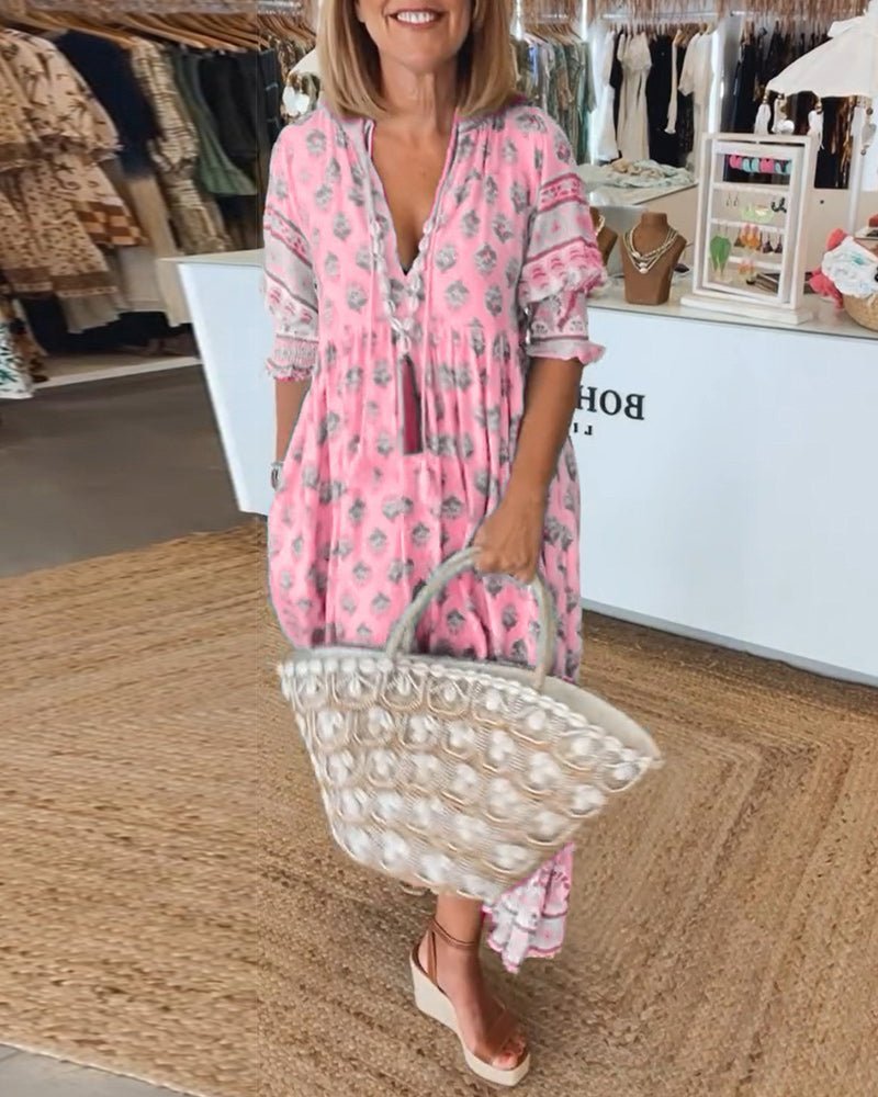 Damska sukienka midi w kwiaty z dekoltem w serek-Midi Dress-Olave