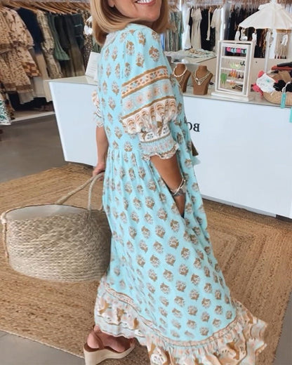 Damska sukienka midi w kwiaty z dekoltem w serek-Midi Dress-Olave