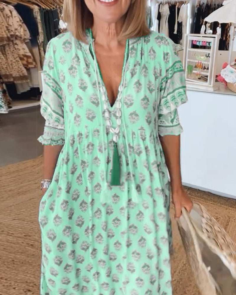 Damska sukienka midi w kwiaty z dekoltem w serek-Midi Dress-Olave