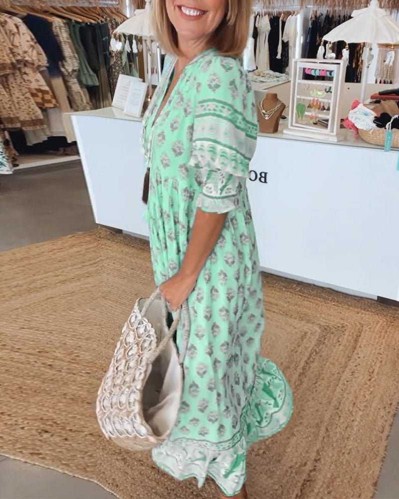 Damska sukienka midi w kwiaty z dekoltem w serek-Midi Dress-Olave