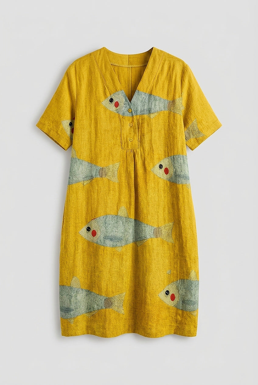 Damska sukienka midi w ryby z dekoltem w serek-Midi Dress-Olave