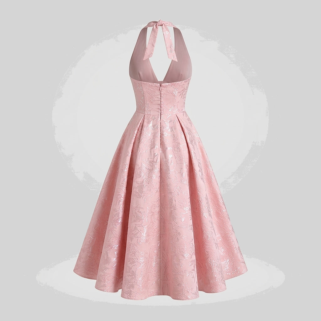 Damska sukienka midi z dekoltem halter i gorsetowym stanem oraz kokardą-Midi Dress-Olave