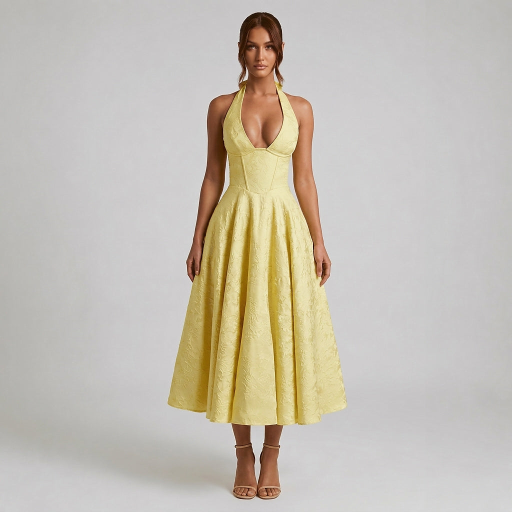Damska sukienka midi z dekoltem halter i gorsetowym stanem oraz kokardą-Midi Dress-Olave