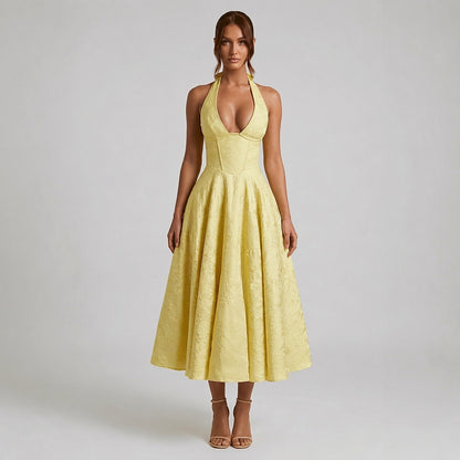 Damska sukienka midi z dekoltem halter i gorsetowym stanem oraz kokardą-Midi Dress-Olave
