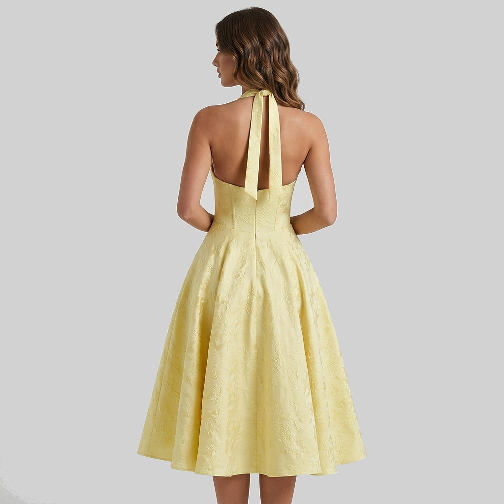 Damska sukienka midi z dekoltem halter i gorsetowym stanem oraz kokardą-Midi Dress-Olave