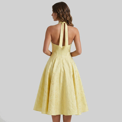 Damska sukienka midi z dekoltem halter i gorsetowym stanem oraz kokardą-Midi Dress-Olave