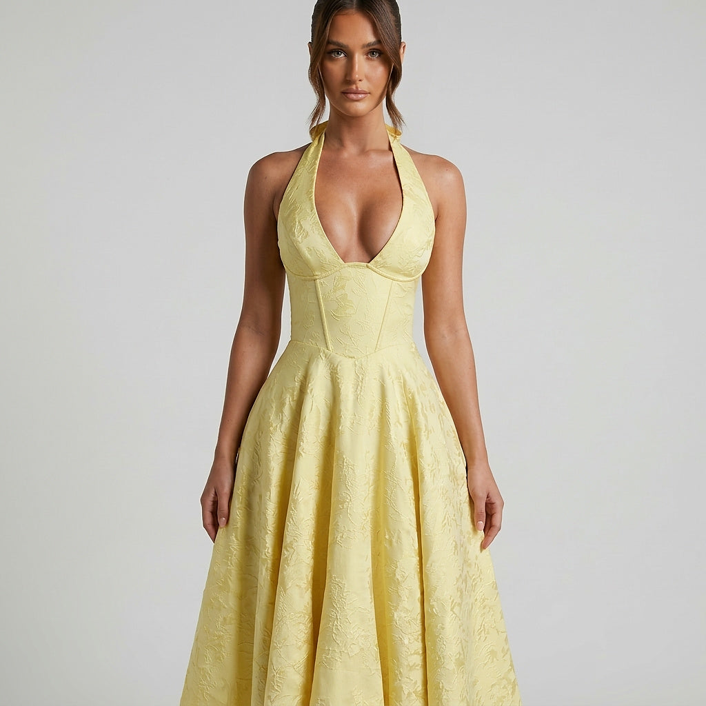 Damska sukienka midi z dekoltem halter i gorsetowym stanem oraz kokardą-Midi Dress-Olave