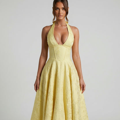 Damska sukienka midi z dekoltem halter i gorsetowym stanem oraz kokardą-Midi Dress-Olave