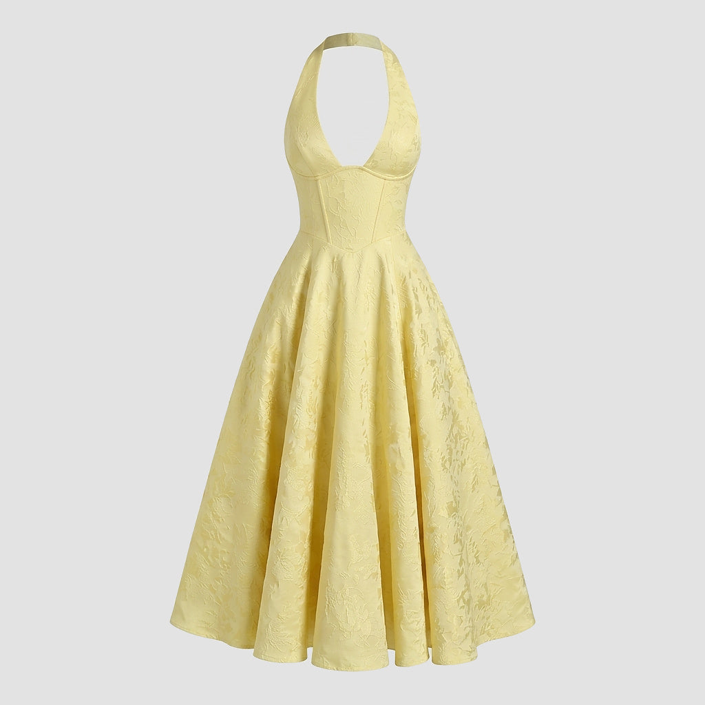 Damska sukienka midi z dekoltem halter i gorsetowym stanem oraz kokardą-Midi Dress-Olave