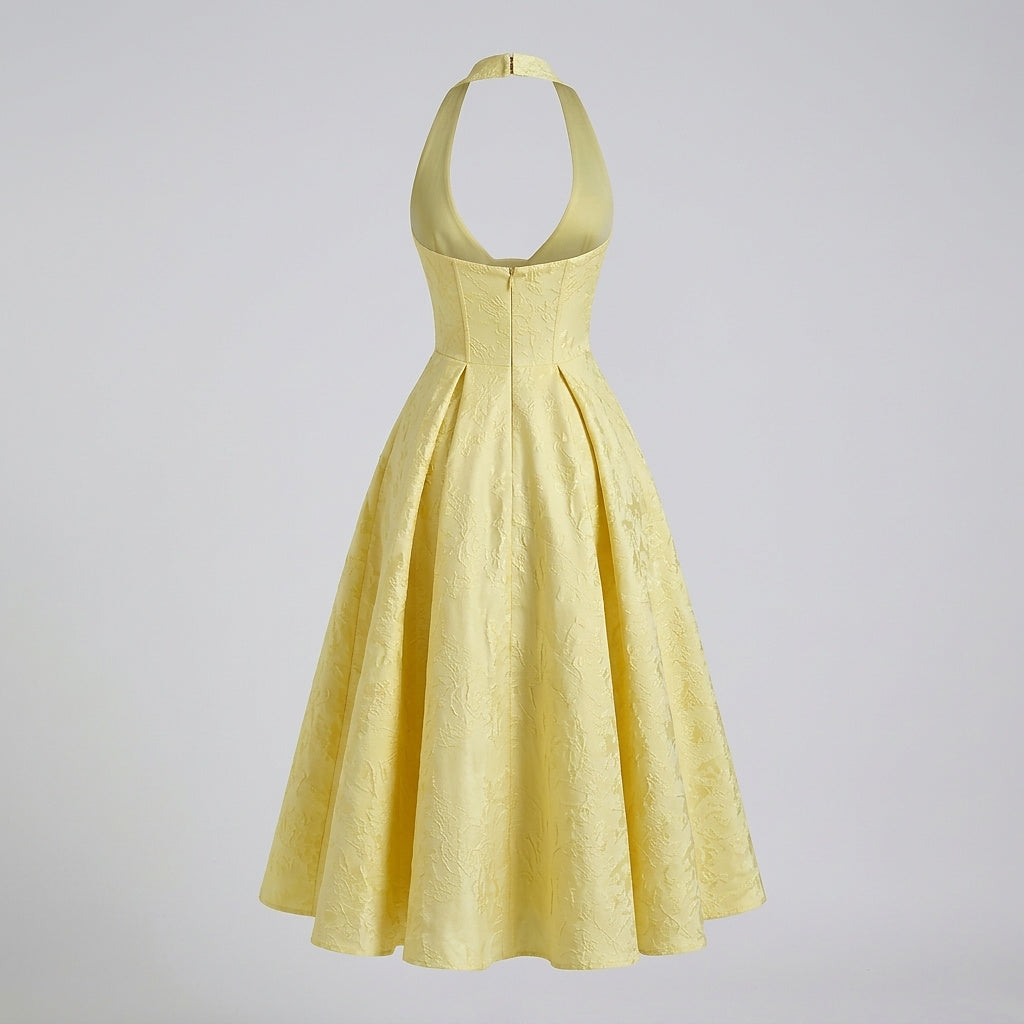 Damska sukienka midi z dekoltem halter i gorsetowym stanem oraz kokardą-Midi Dress-Olave