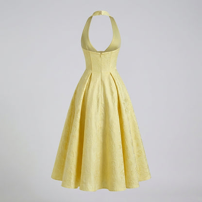Damska sukienka midi z dekoltem halter i gorsetowym stanem oraz kokardą-Midi Dress-Olave