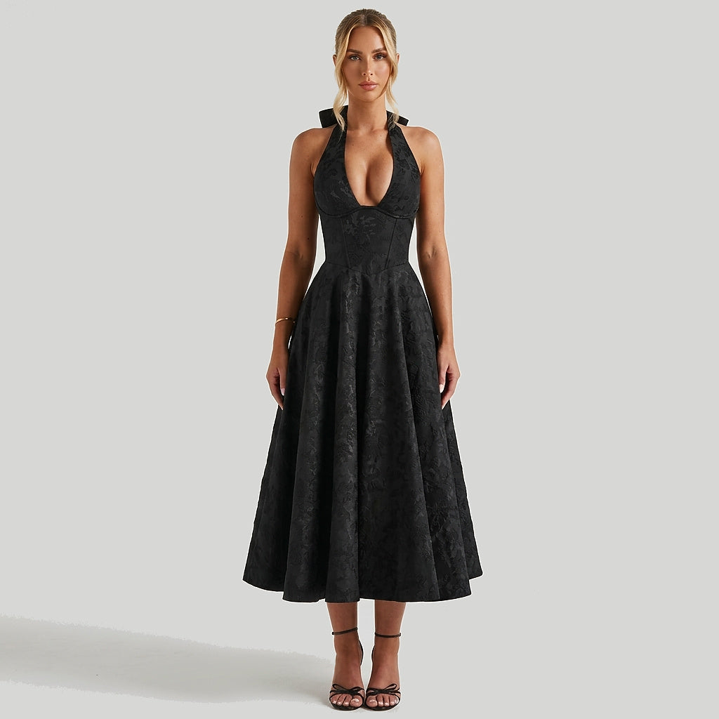 Damska sukienka midi z dekoltem halter i gorsetowym stanem oraz kokardą-Midi Dress-Olave