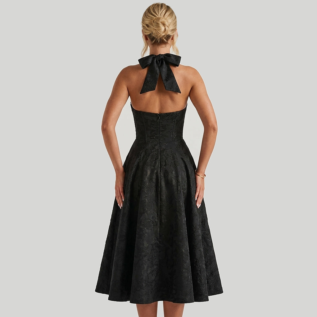 Damska sukienka midi z dekoltem halter i gorsetowym stanem oraz kokardą-Midi Dress-Olave