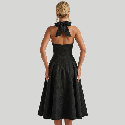 Damska sukienka midi z dekoltem halter i gorsetowym stanem oraz kokardą-Midi Dress-Olave