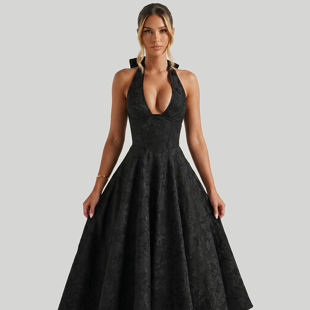 Damska sukienka midi z dekoltem halter i gorsetowym stanem oraz kokardą-Midi Dress-Olave