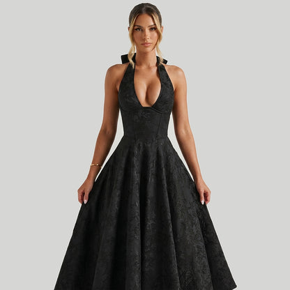 Damska sukienka midi z dekoltem halter i gorsetowym stanem oraz kokardą-Midi Dress-Olave