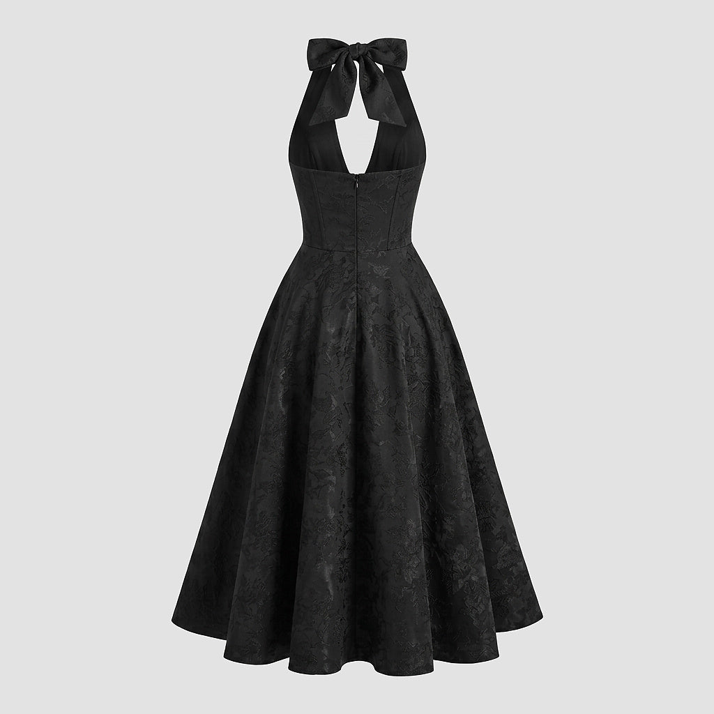 Damska sukienka midi z dekoltem halter i gorsetowym stanem oraz kokardą-Midi Dress-Olave