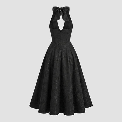 Damska sukienka midi z dekoltem halter i gorsetowym stanem oraz kokardą-Midi Dress-Olave