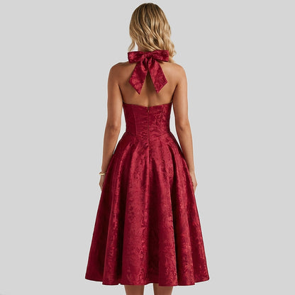 Damska sukienka midi z dekoltem halter i gorsetowym stanem oraz kokardą-Midi Dress-Olave