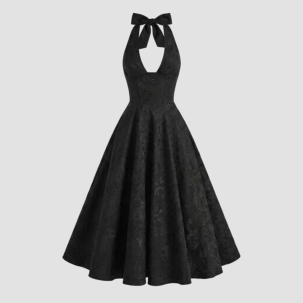 Damska sukienka midi z dekoltem halter i gorsetowym stanem oraz kokardą-Midi Dress-Olave