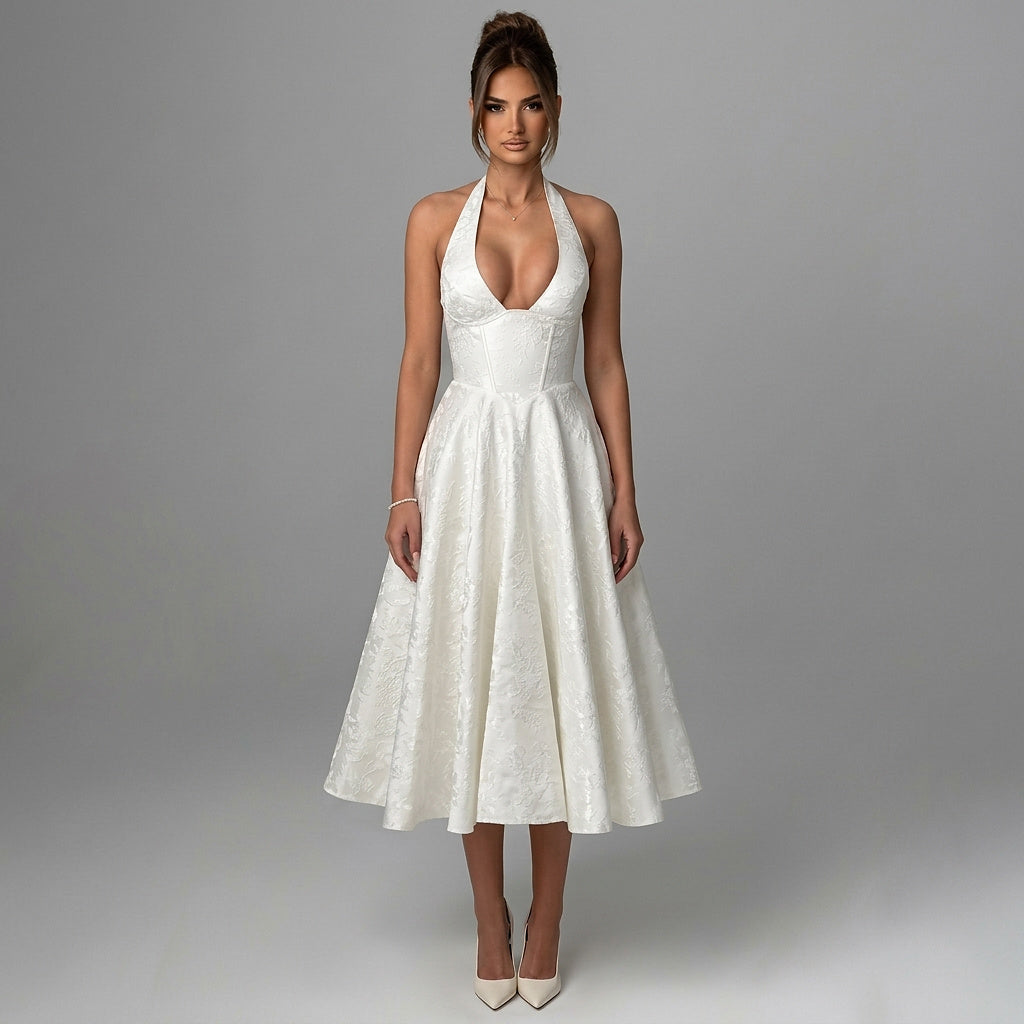 Damska sukienka midi z dekoltem halter i gorsetowym stanem oraz kokardą-Midi Dress-Olave