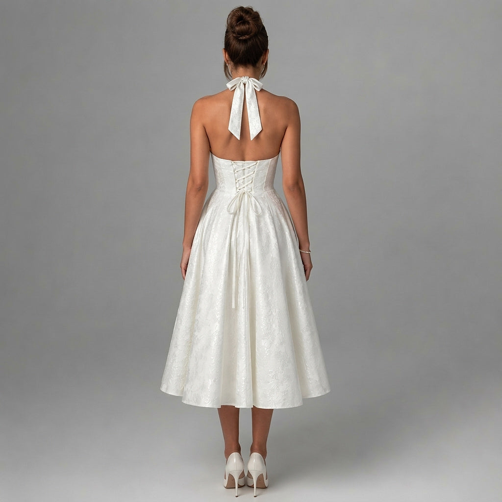 Damska sukienka midi z dekoltem halter i gorsetowym stanem oraz kokardą-Midi Dress-Olave