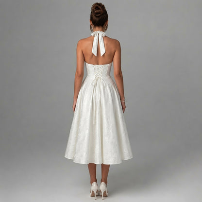 Damska sukienka midi z dekoltem halter i gorsetowym stanem oraz kokardą-Midi Dress-Olave