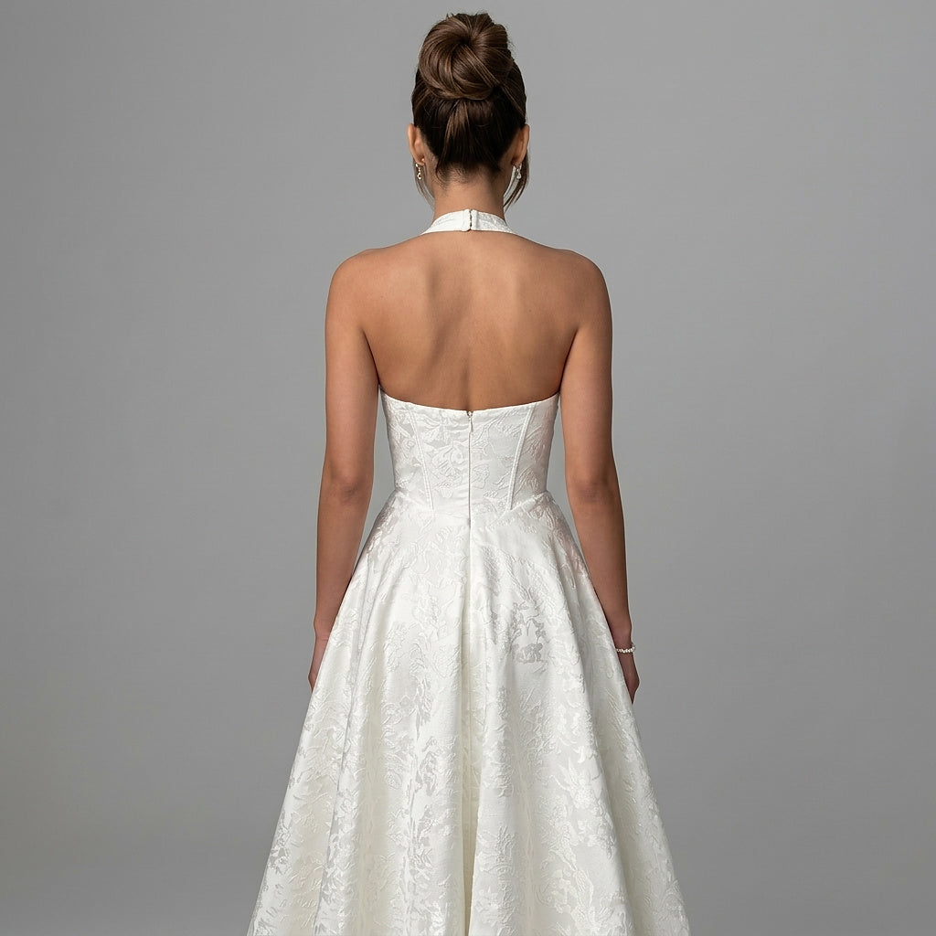 Damska sukienka midi z dekoltem halter i gorsetowym stanem oraz kokardą-Midi Dress-Olave