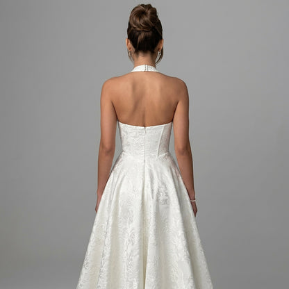 Damska sukienka midi z dekoltem halter i gorsetowym stanem oraz kokardą-Midi Dress-Olave
