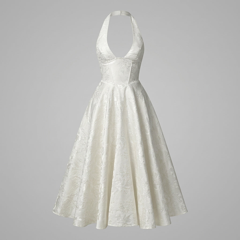 Damska sukienka midi z dekoltem halter i gorsetowym stanem oraz kokardą-Midi Dress-Olave