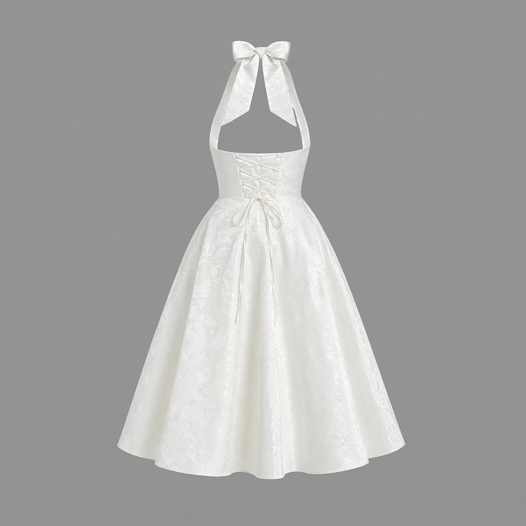 Damska sukienka midi z dekoltem halter i gorsetowym stanem oraz kokardą-Midi Dress-Olave