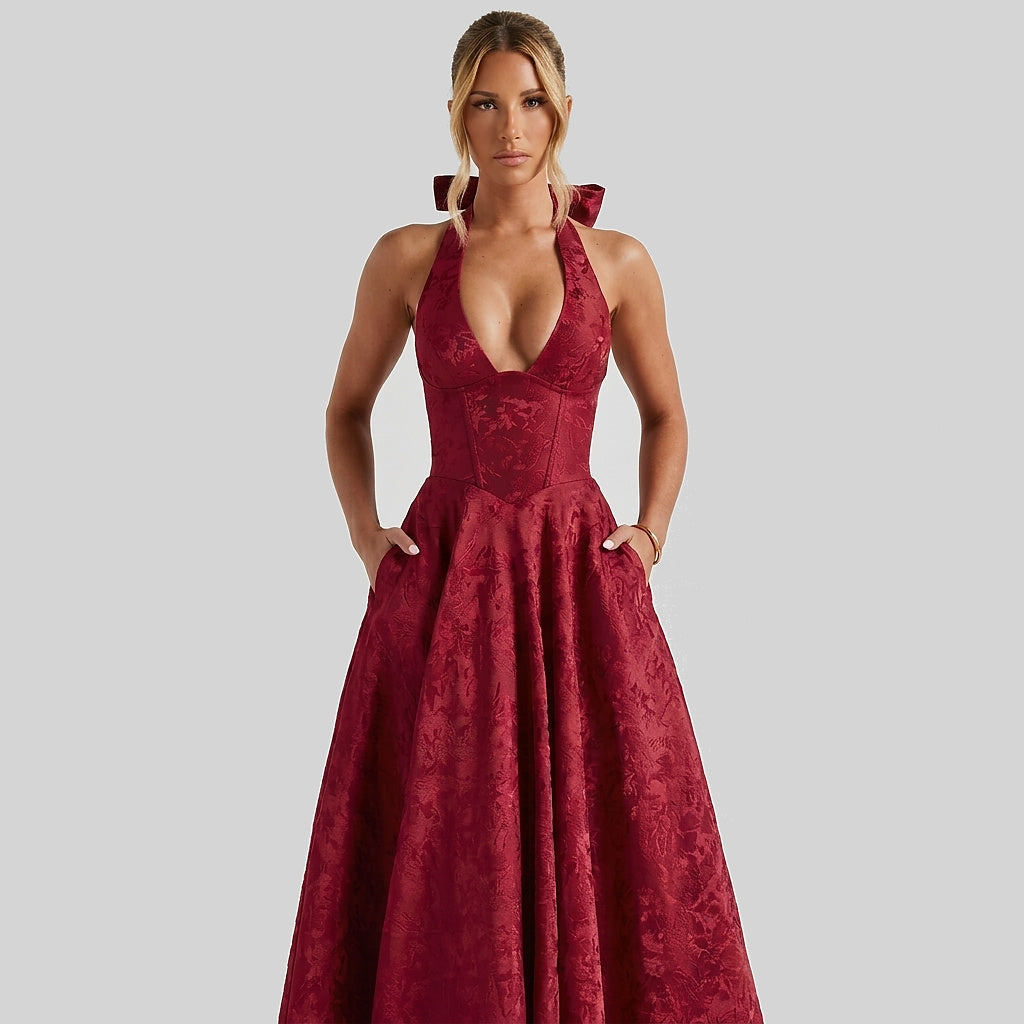 Damska sukienka midi z dekoltem halter i gorsetowym stanem oraz kokardą-Midi Dress-Olave