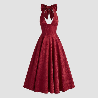 Damska sukienka midi z dekoltem halter i gorsetowym stanem oraz kokardą-Midi Dress-Olave