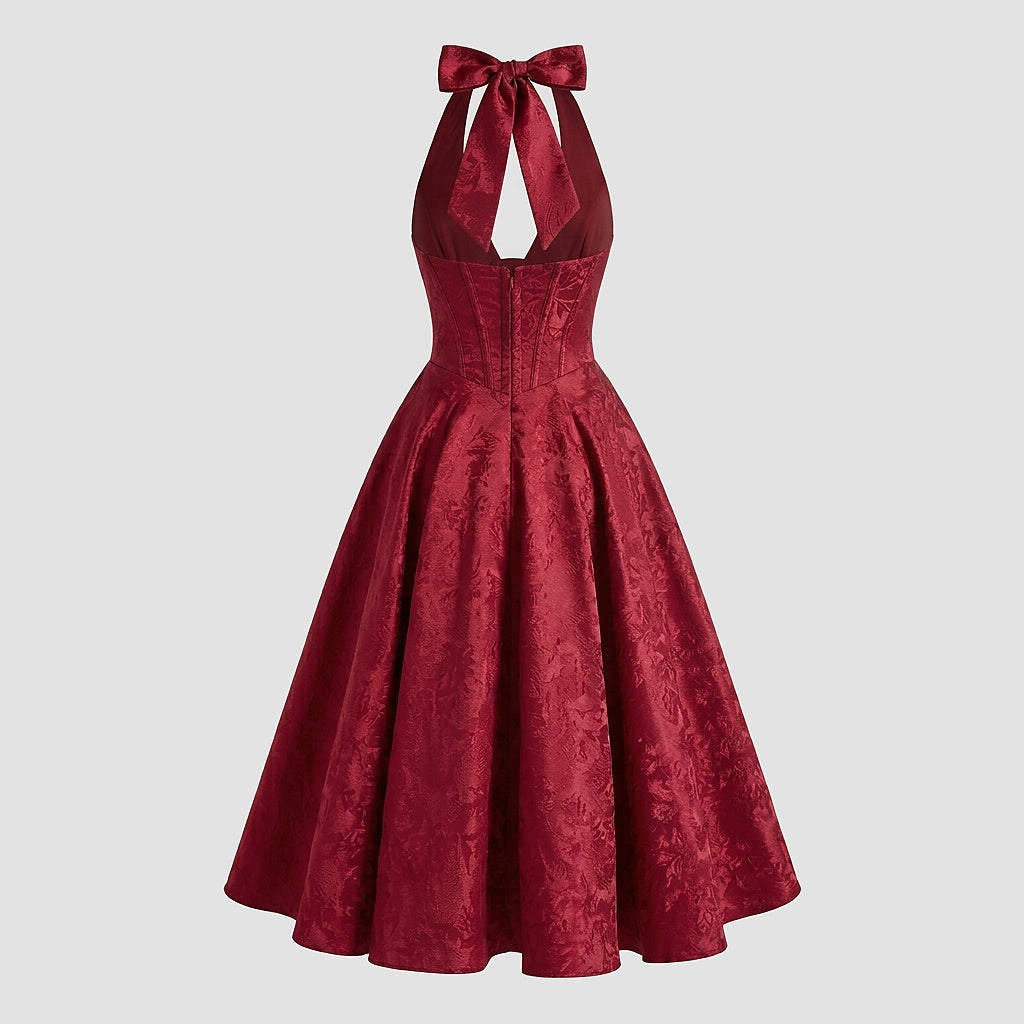 Damska sukienka midi z dekoltem halter i gorsetowym stanem oraz kokardą-Midi Dress-Olave