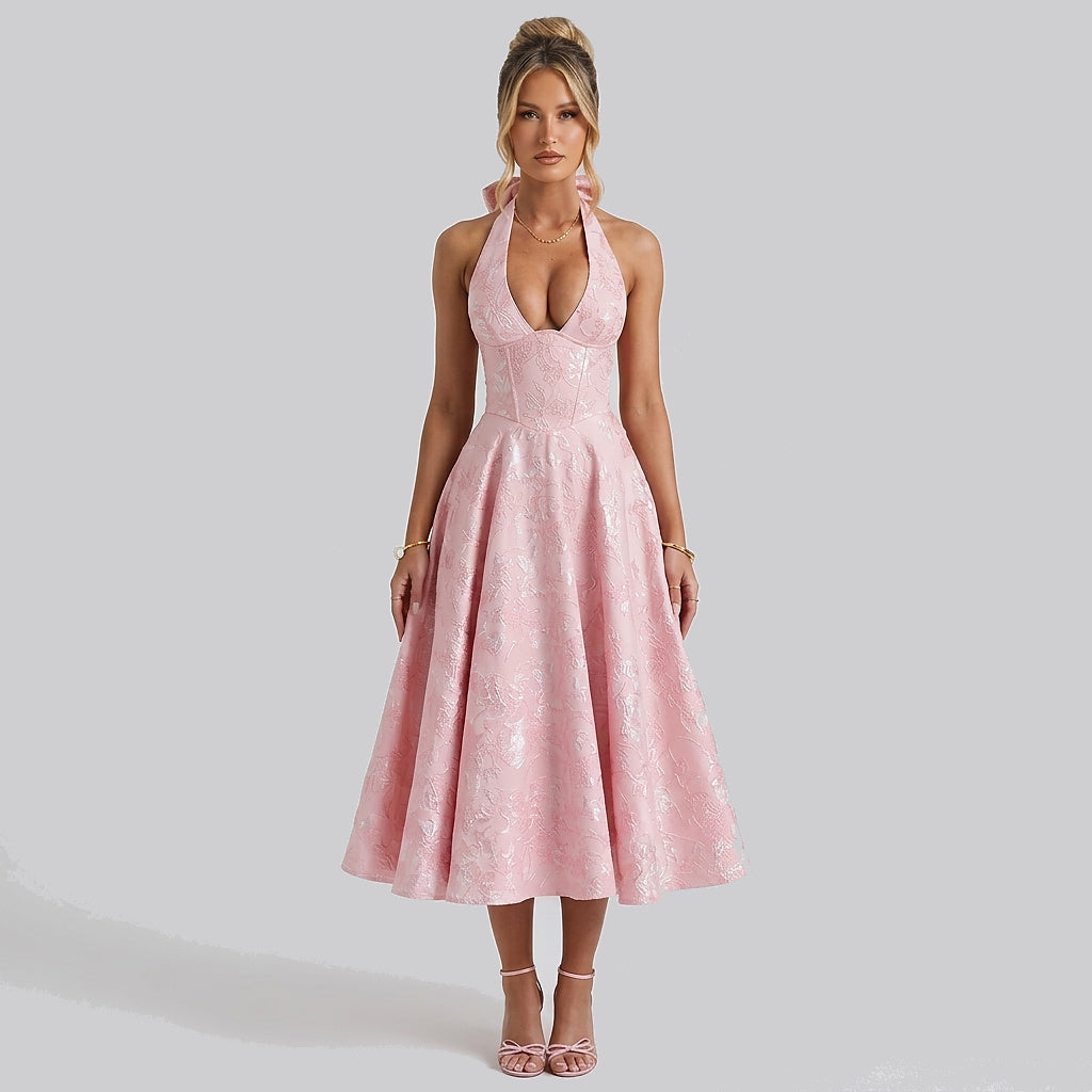 Damska sukienka midi z dekoltem halter i gorsetowym stanem oraz kokardą-Midi Dress-Olave