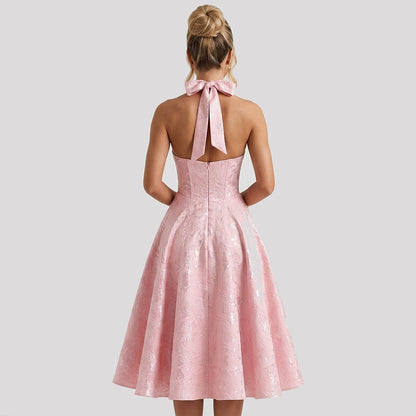 Damska sukienka midi z dekoltem halter i gorsetowym stanem oraz kokardą-Midi Dress-Olave