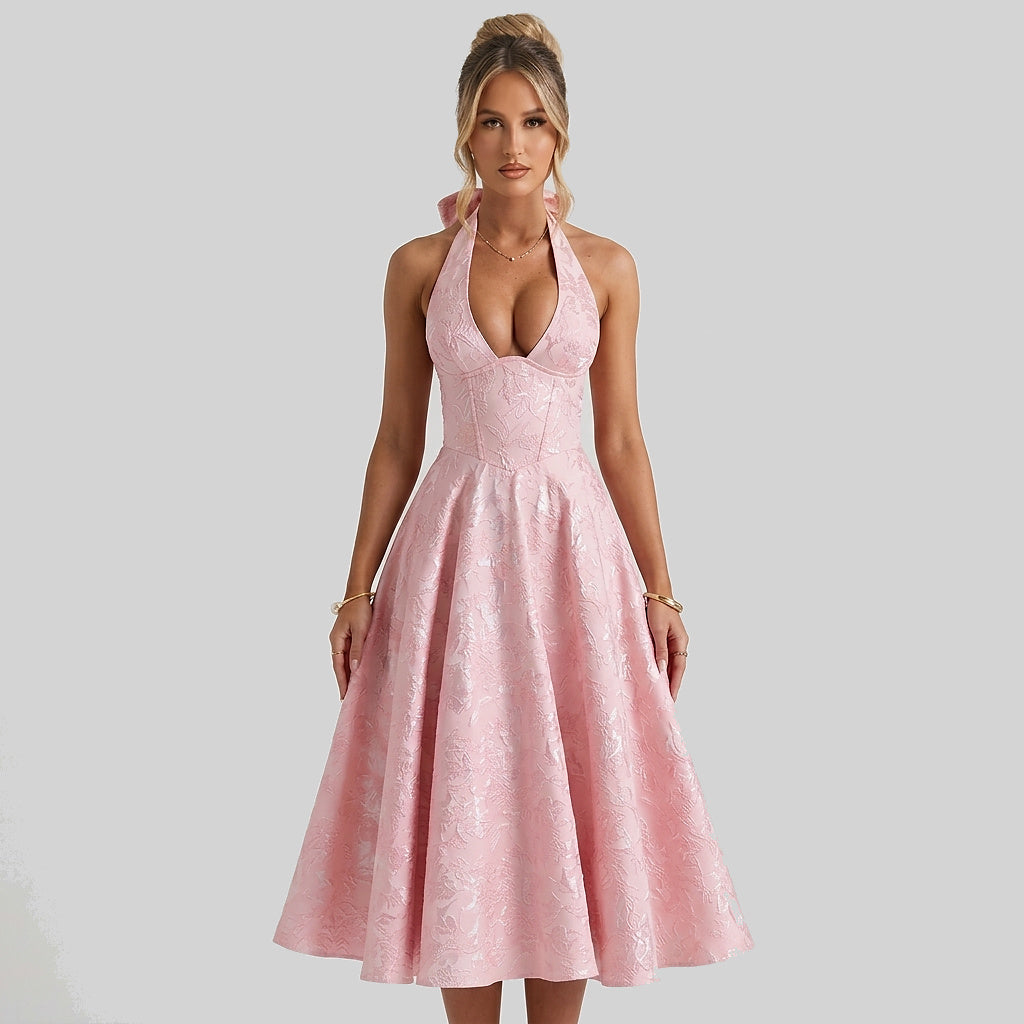 Damska sukienka midi z dekoltem halter i gorsetowym stanem oraz kokardą-Midi Dress-Olave