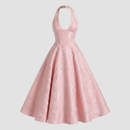 Damska sukienka midi z dekoltem halter i gorsetowym stanem oraz kokardą-Midi Dress-Olave