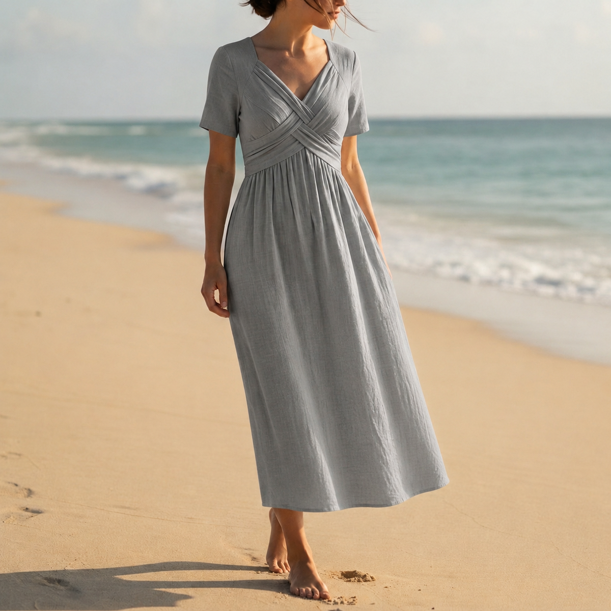 Damska sukienka midi z dekoltem w serek i kopertowym detalem-Midi Dress-Olave