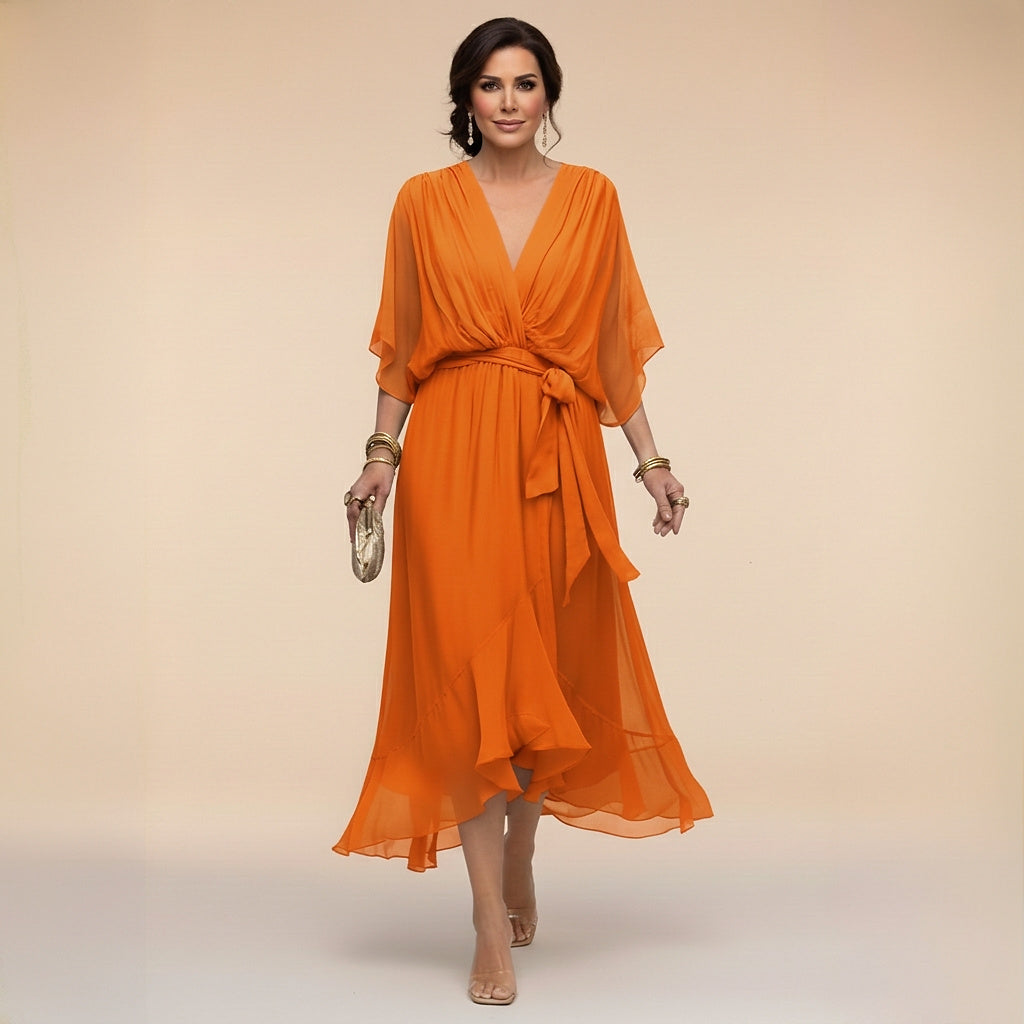 Damska sukienka midi z dekoltem w serek i wiązaniem w talii-Midi Dress-Olave