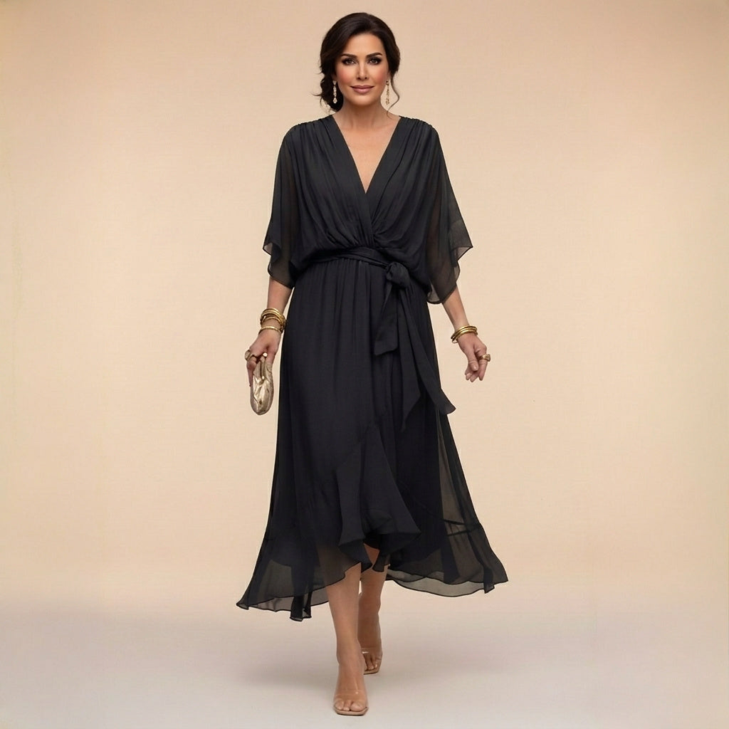 Damska sukienka midi z dekoltem w serek i wiązaniem w talii-Midi Dress-Olave