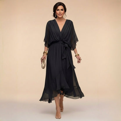 Damska sukienka midi z dekoltem w serek i wiązaniem w talii-Midi Dress-Olave