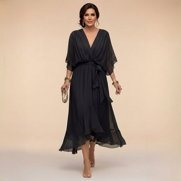 Damska sukienka midi z dekoltem w serek i wiązaniem w talii-Midi Dress-Olave